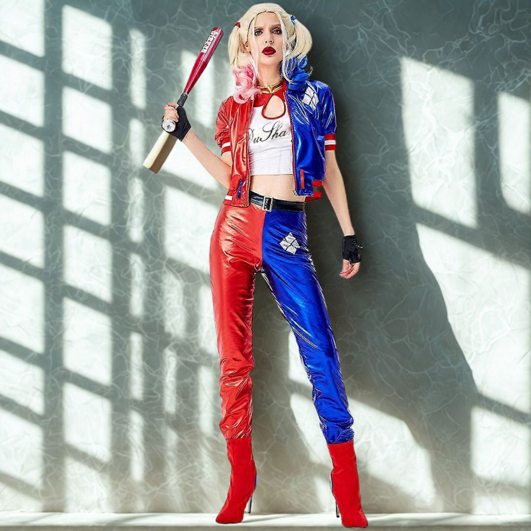 Harley Quinn Red & Blue Adult Costume with Jacket, Pants and Sleeveless Tees