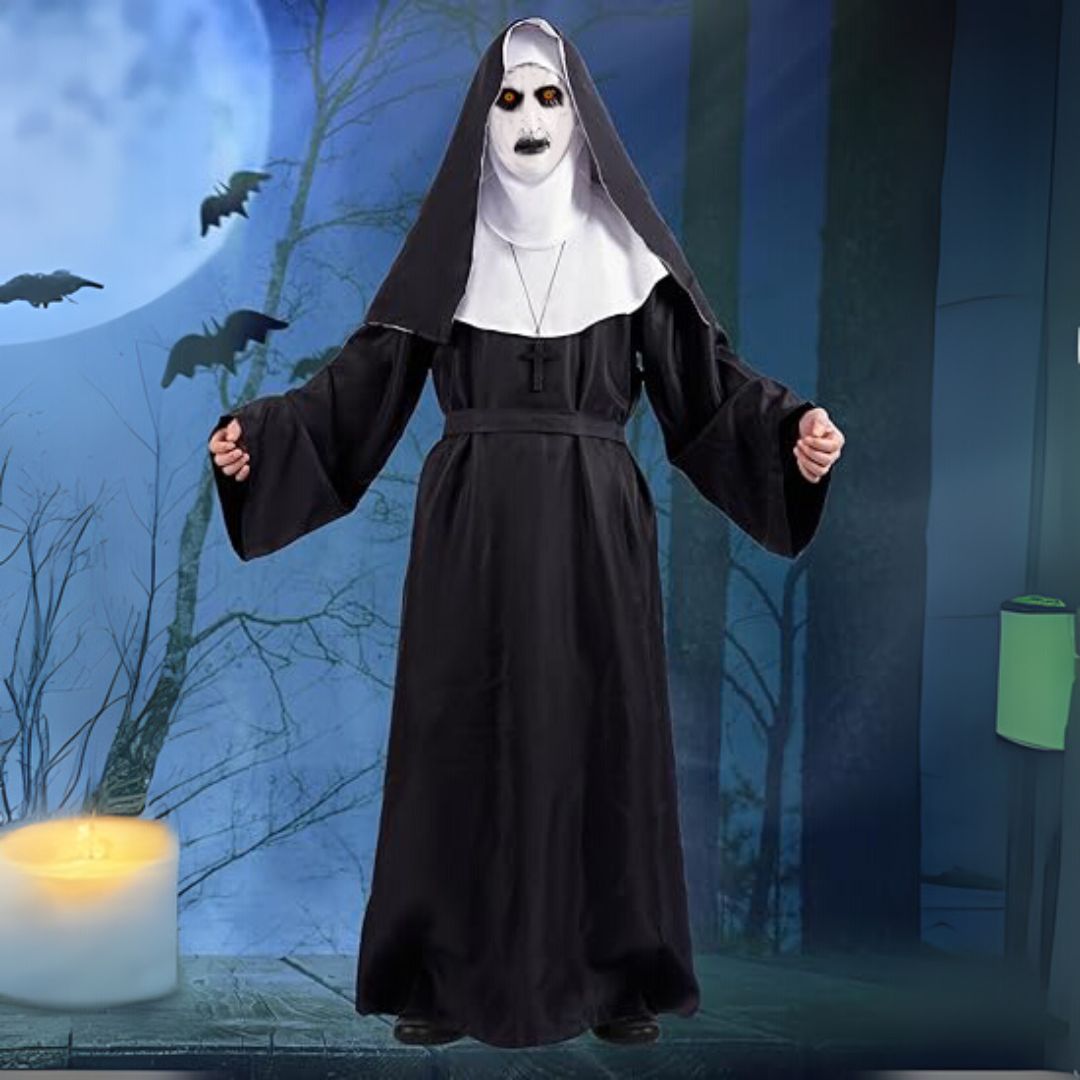 Conjuring Nun Costume Adult Large w/ Waist Belt and Latex Mask - Size L