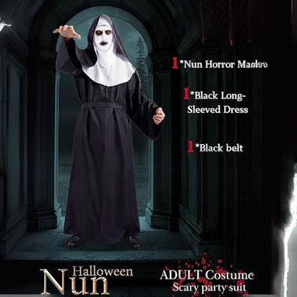 Conjuring Nun Costume Adult Large w/ Waist Belt and Latex Mask - Size L