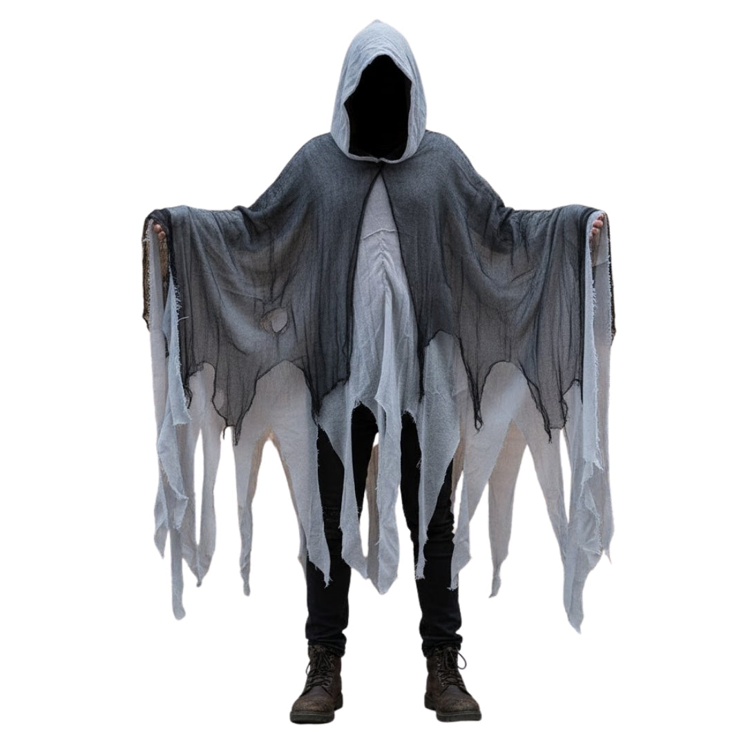 Black & White Net Ghost Poncho with Hood -  Free Size
