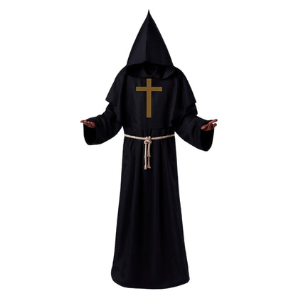 Friar Medieval Hooded Monk Priest Adult Robe Costume with  Cross Sign and Rope