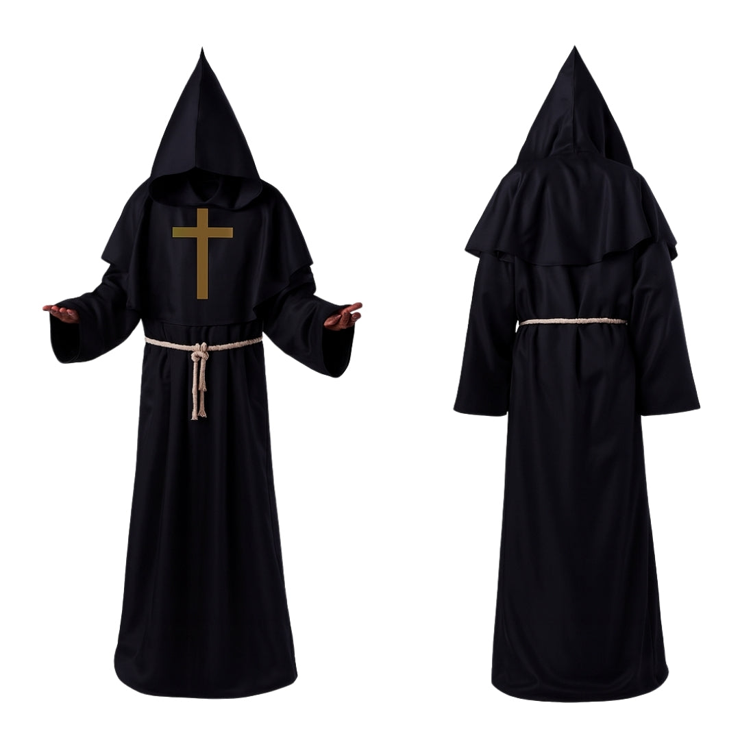 Friar Medieval Hooded Monk Priest Adult Robe Costume with  Cross Sign and Rope