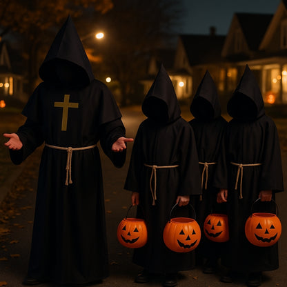 Friar Medieval Hooded Monk Priest Adult Robe Costume with  Cross Sign and Rope