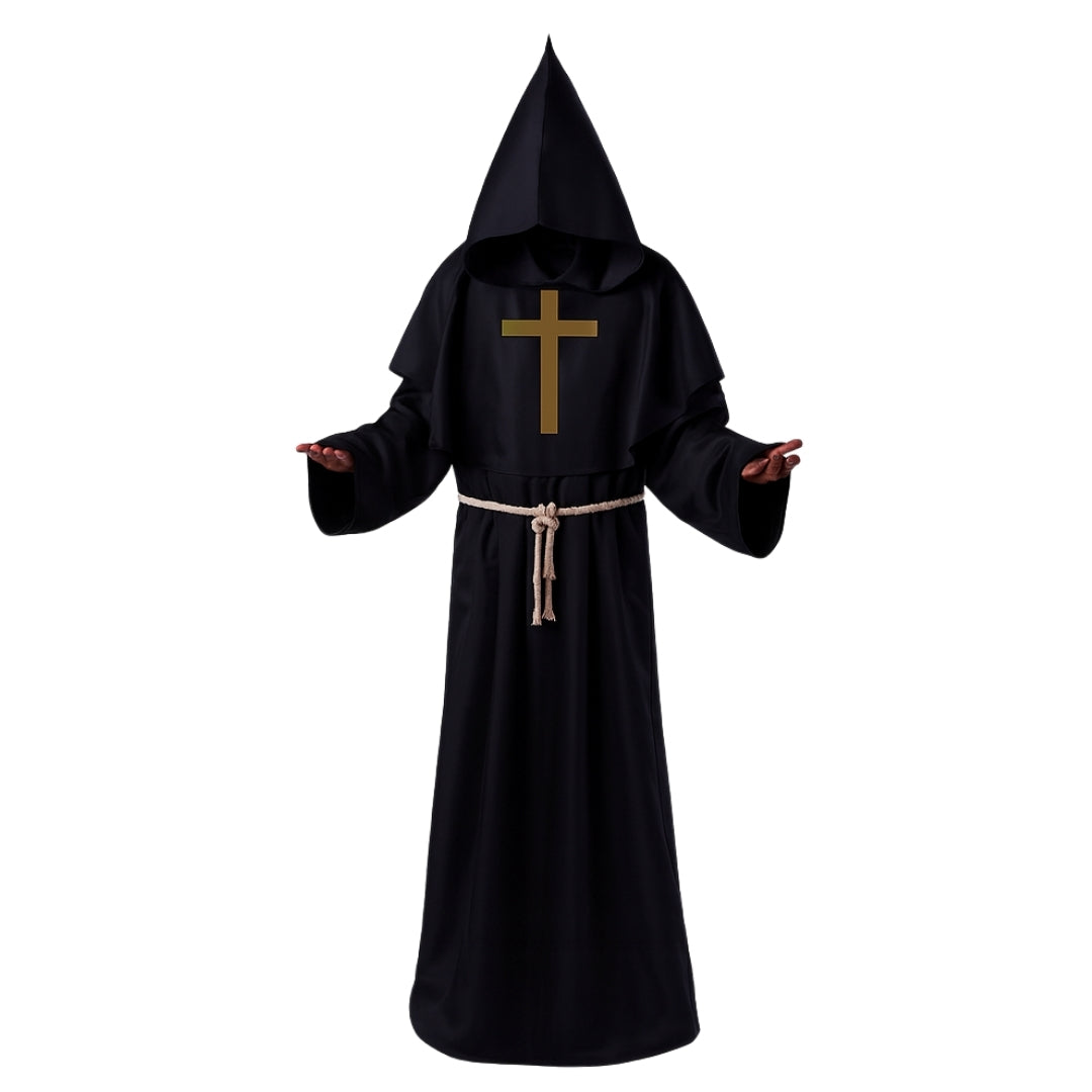 Friar Medieval Hooded Monk Priest Adult Robe Costume with  Cross Sign and Rope