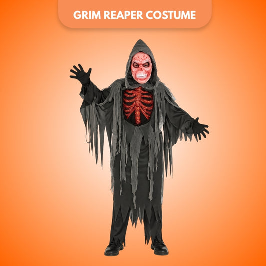 Spooky Smoldering Reaper Horror Kids Costume with Blood Red Mask