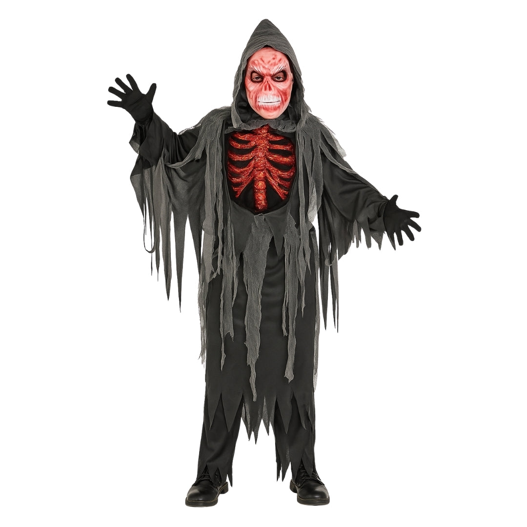 Spooky Smoldering Reaper Horror Kids Costume with Blood Red Mask