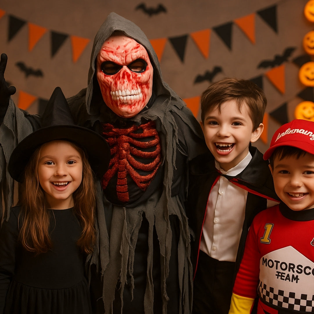 Spooky Smoldering Reaper Horror Kids Costume with Blood Red Mask