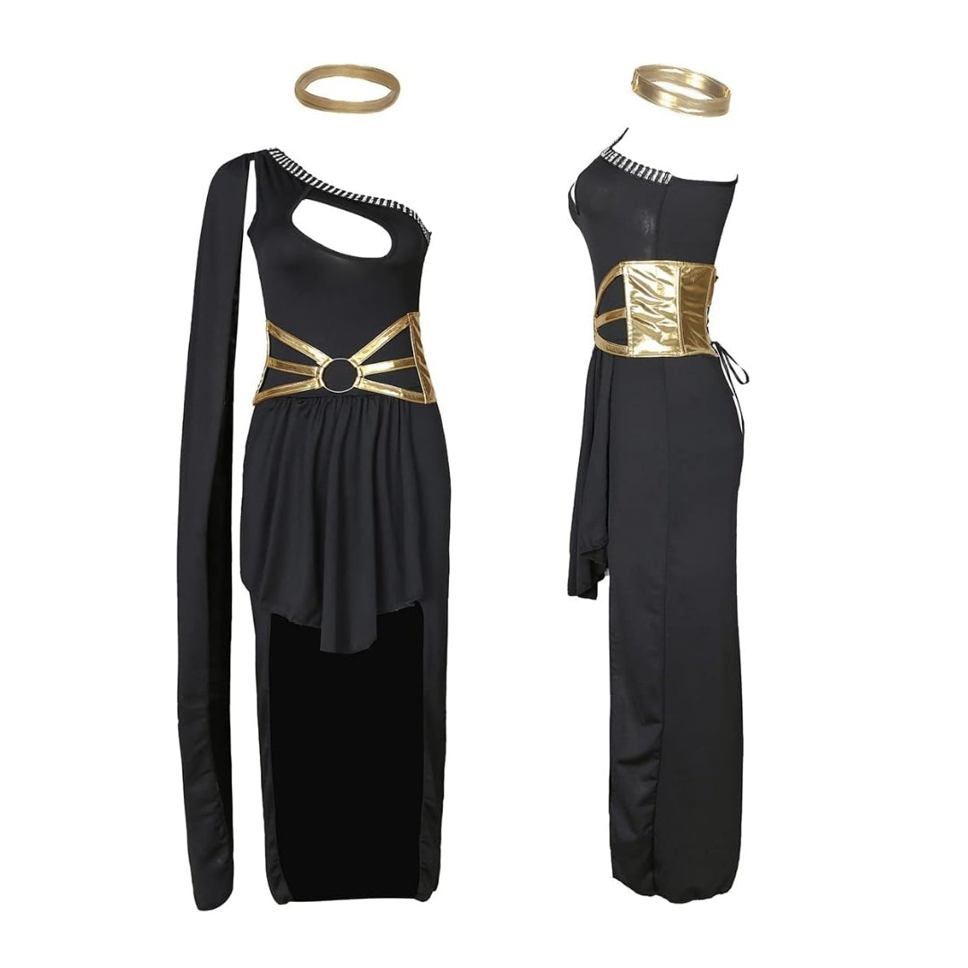 Fancy Greek Goddess Black Halloween Costume w/ Golden Belt for Women Wanna Party Fancy Greek Goddess Black Halloween Costume w/ Golden Belt for Women Wanna Party