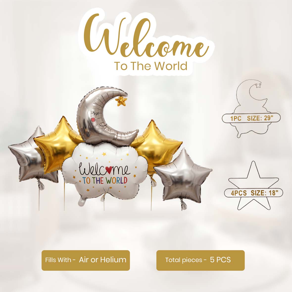 Welcome to the World Moon & Cloud Balloon Set - 5PC