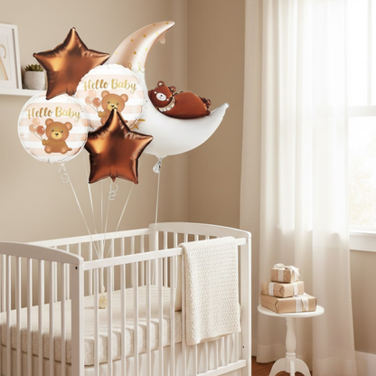 Hello Baby Teddy Bear & Stars Balloon - 5PC