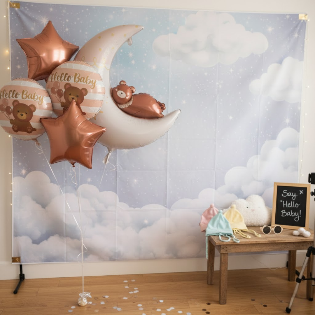 Hello Baby Teddy Bear & Stars Balloon - 5PC