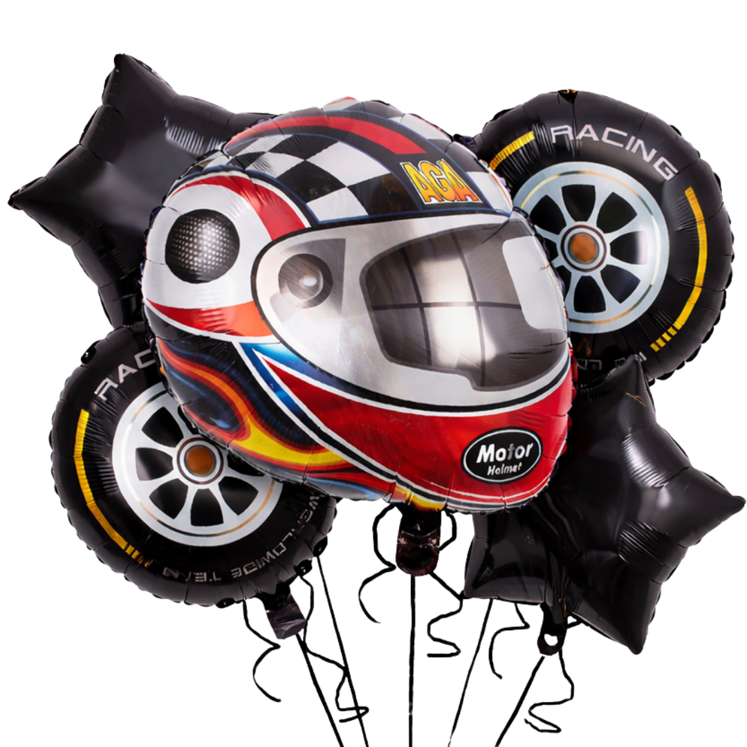 Motorbike & Car Racing Foil Balloon Bouquet Set of 5 | Helium Supported | Kids Birthday Racing Theme Party Decoration