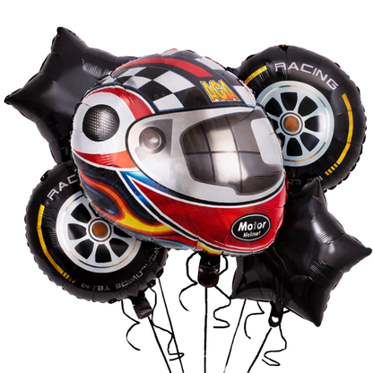 Motorbike & Car Racing Foil Balloon Bouquet Set of 5 | Helium Supported | Kids Birthday Racing Theme Party Decoration