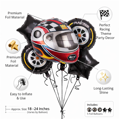 Motorbike & Car Racing Foil Balloon Bouquet Set of 5 | Helium Supported | Kids Birthday Racing Theme Party Decoration