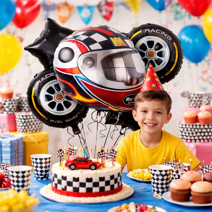 Motorbike & Car Racing Foil Balloon Bouquet Set of 5 | Helium Supported | Kids Birthday Racing Theme Party Decoration