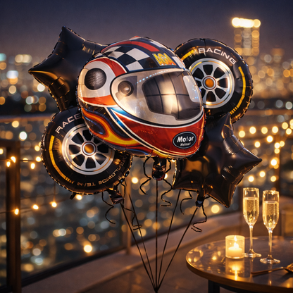 Motorbike & Car Racing Foil Balloon Bouquet Set of 5 | Helium Supported | Kids Birthday Racing Theme Party Decoration