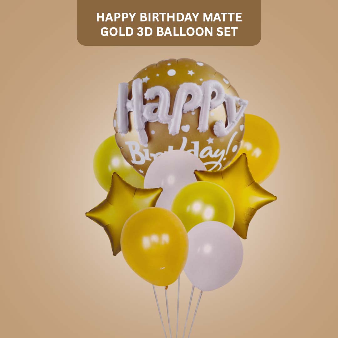 Happy Birthday Matte Gold 3D Balloon Set - Pack of 9