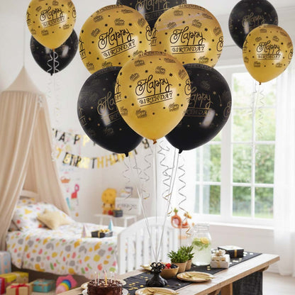 Happy Birthday Black & Gold Printed Latex Balloon Set 12" - Pack of 6