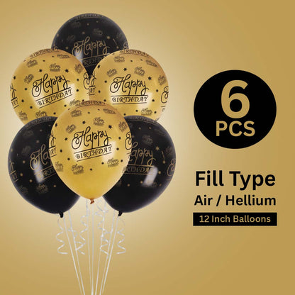 Happy Birthday Black & Gold Printed Latex Balloon Set 12" - Pack of 6