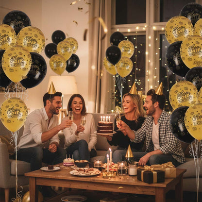 Happy Birthday Black & Gold Printed Latex Balloon Set 12" - Pack of 6