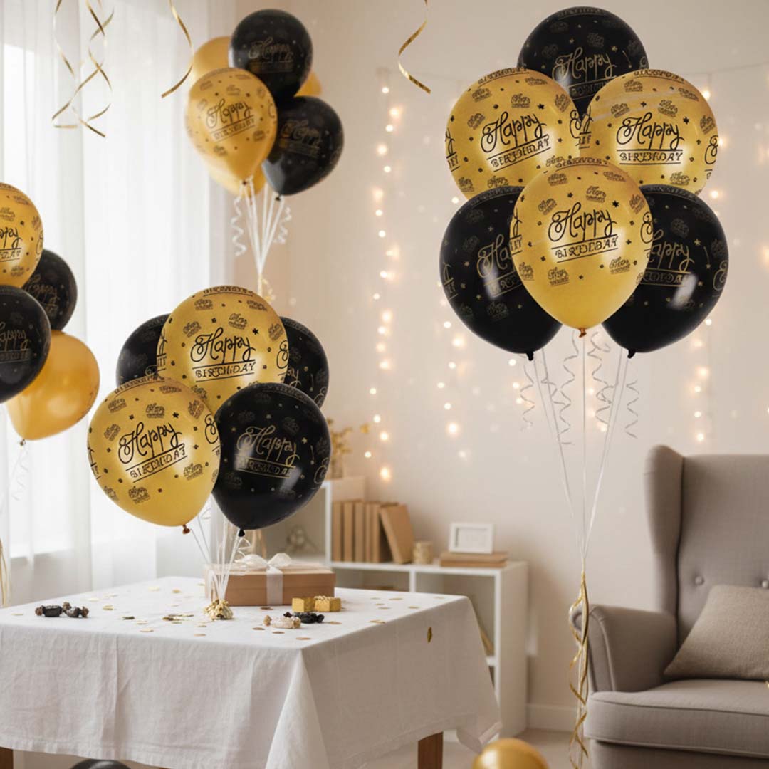 Happy Birthday Black & Gold Printed Latex Balloon Set 12" - Pack of 6