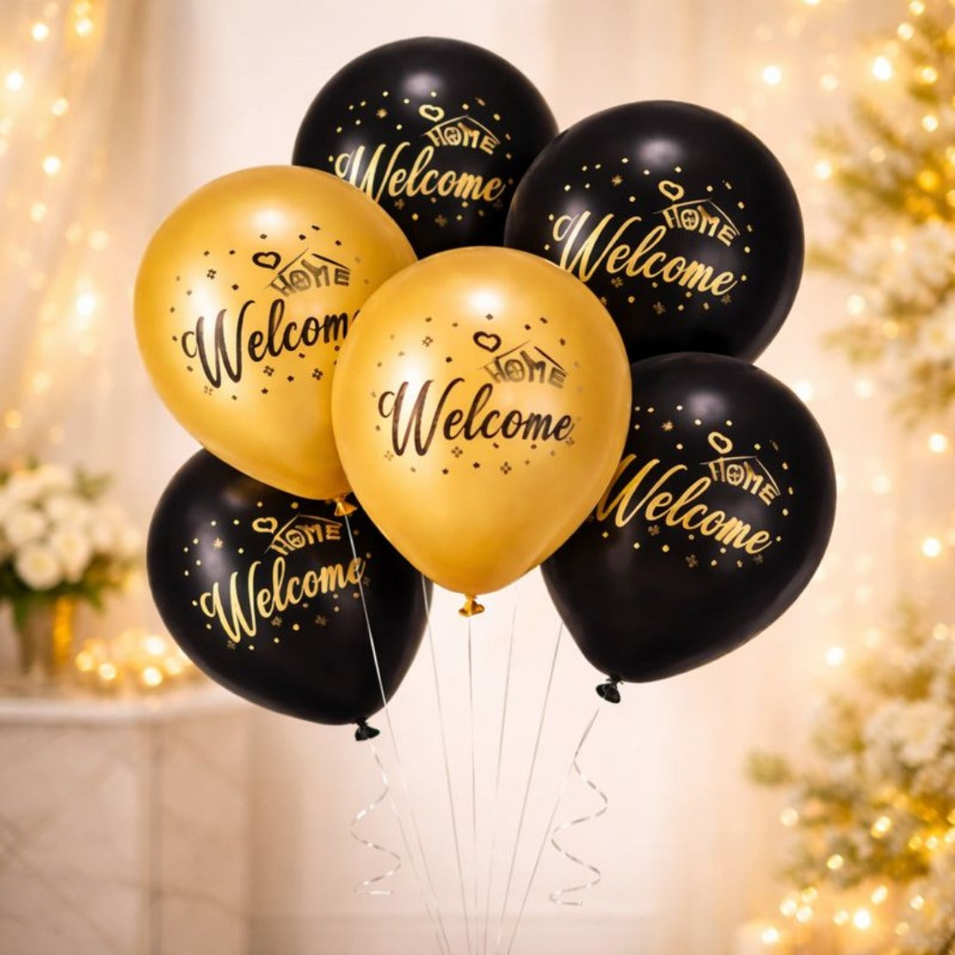 Black & Golden Welcome Home Latex Balloons 12" - Pack of 6