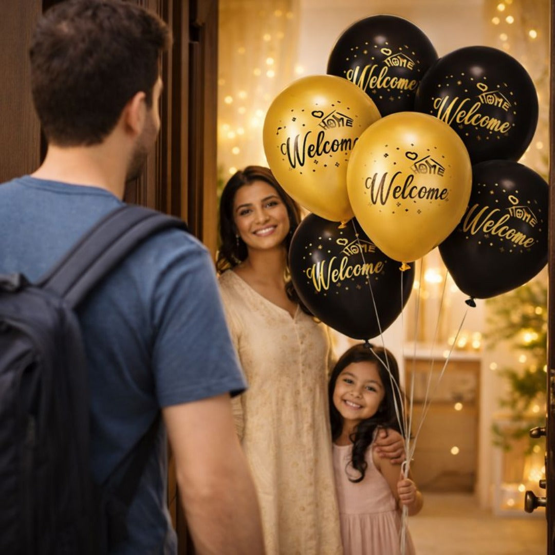 Black & Golden Welcome Home Latex Balloons 12" - Pack of 6