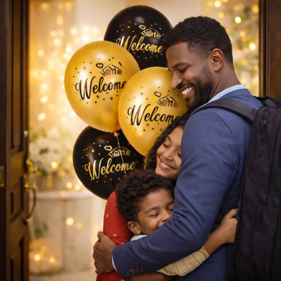 Black & Golden Welcome Home Latex Balloons 12" - Pack of 6