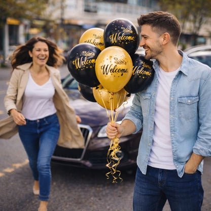 Black & Golden Welcome Home Latex Balloons 12" - Pack of 6