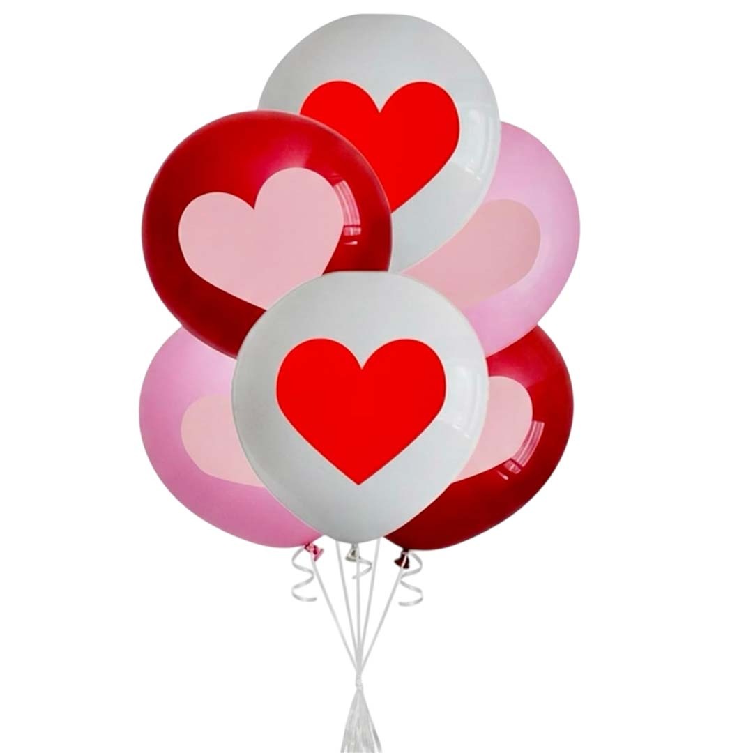 Red White Pink Heart Printed Latex Balloons 12" - Pack of 6