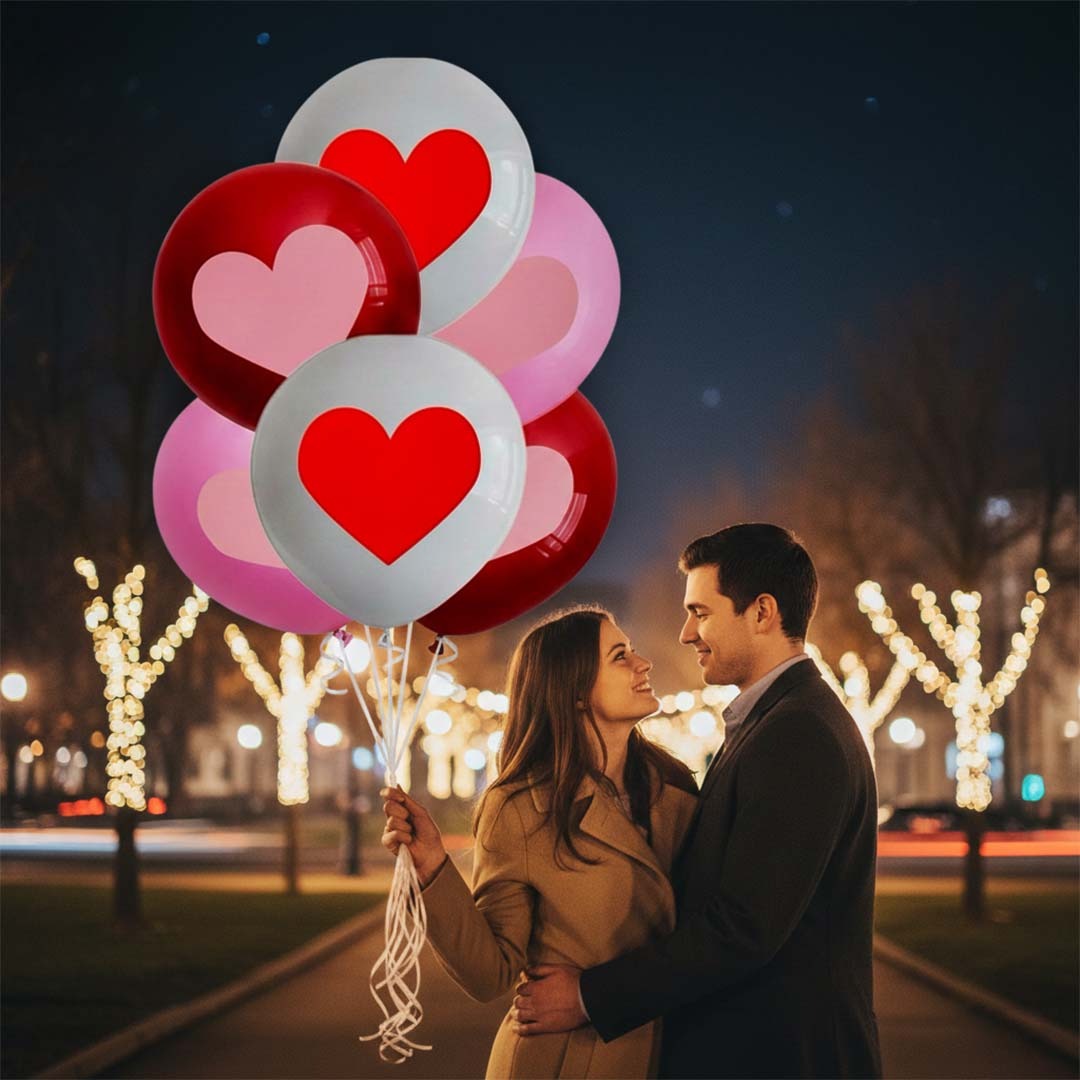 Red White Pink Heart Printed Latex Balloons 12" - Pack of 6
