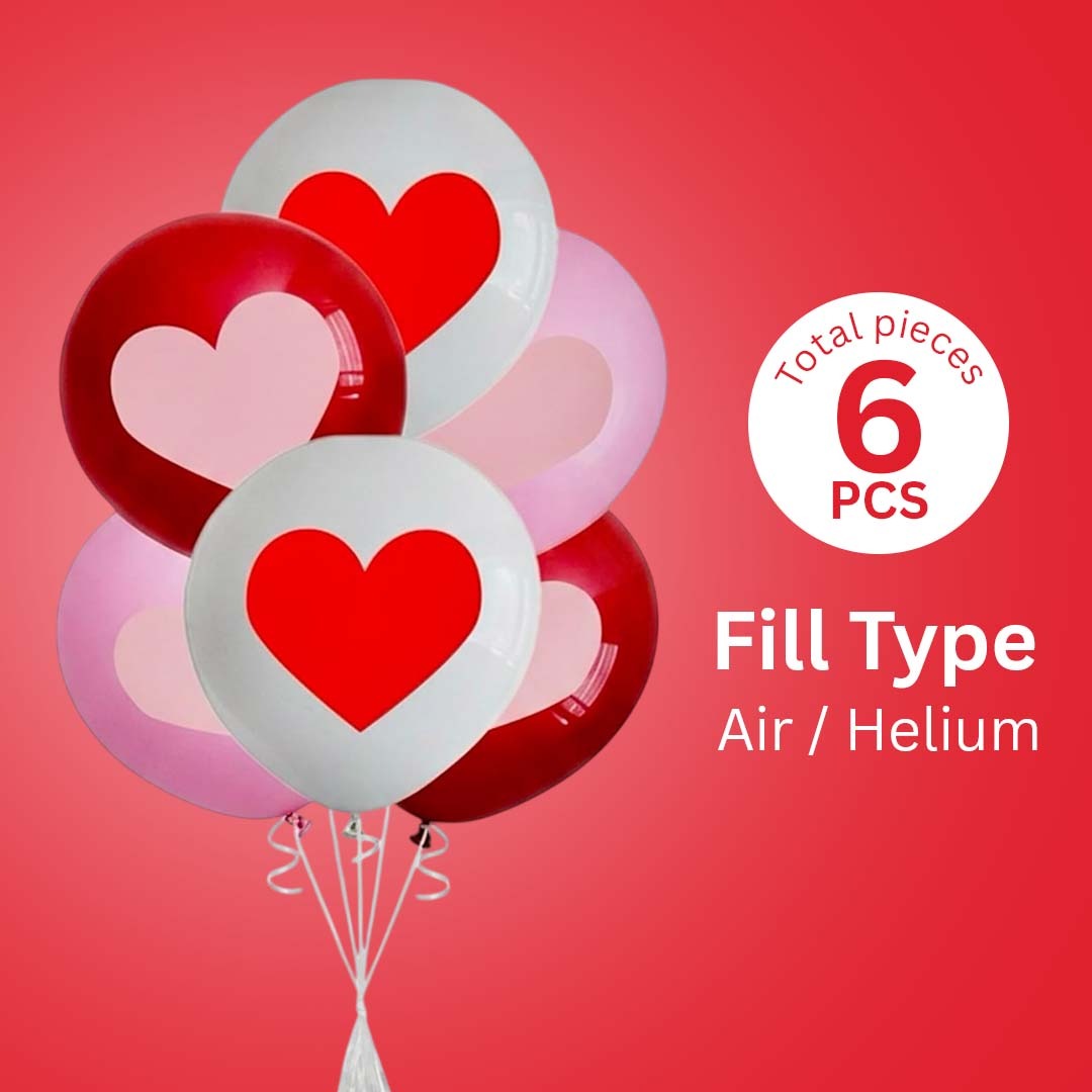 Red White Pink Heart Printed Latex Balloons 12" - Pack of 6