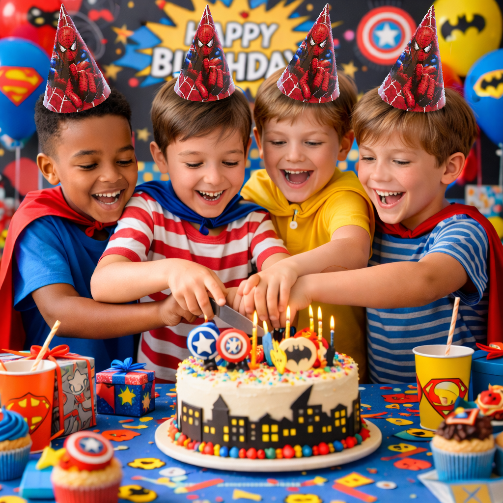 Superhero Theme Birthday Caps - 8PC