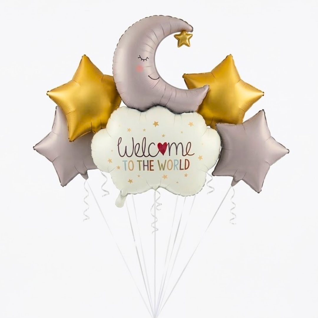 Welcome to the World Baby Balloon Set of 5 | Newborn Arrival Decoration | Moon & Stars Theme Baby Shower Balloons