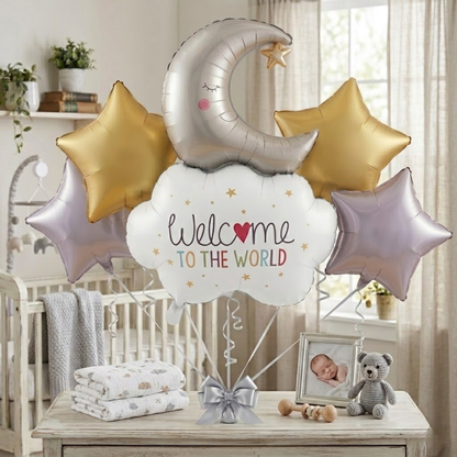 Welcome to the World Baby Balloon Set of 5 | Newborn Arrival Decoration | Moon & Stars Theme Baby Shower Balloons