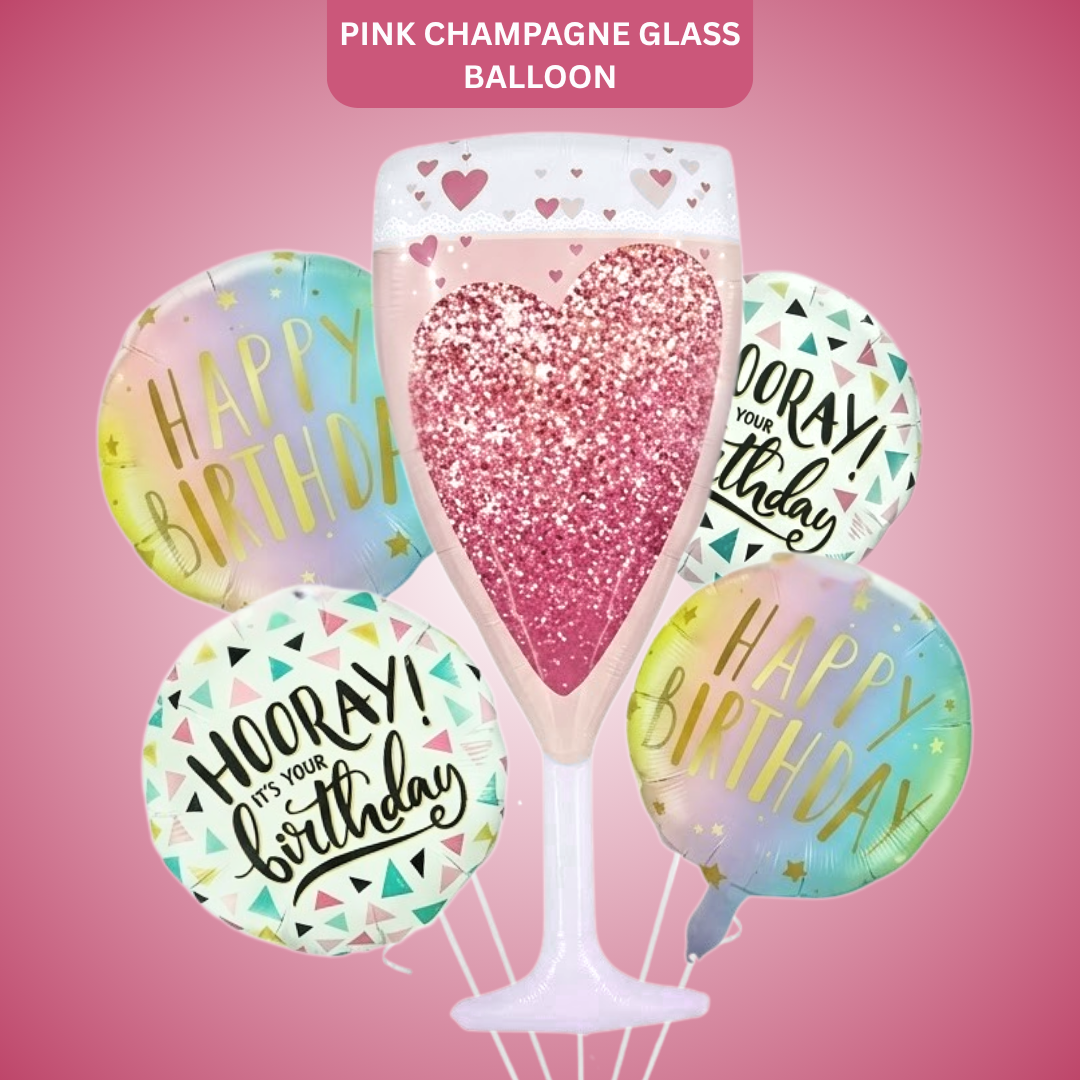 Pink Champagne Glass Happy Birthday Foil Balloon Set of 5 | Elegant Party Balloons | Birthday Celebration Decoration Kit