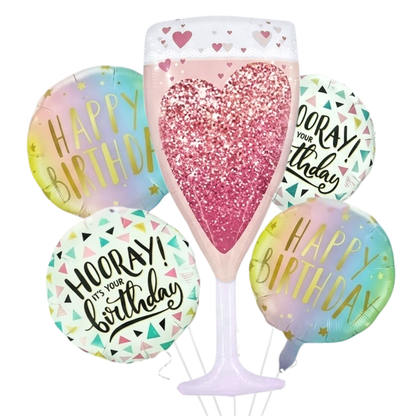 Pink Champagne Glass Happy Birthday Foil Balloon Set of 5 | Elegant Party Balloons | Birthday Celebration Decoration Kit
