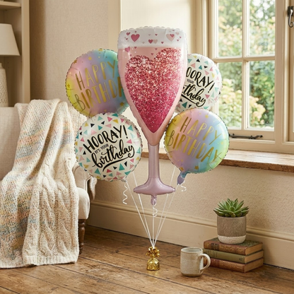 Pink Champagne Glass Happy Birthday Foil Balloon Set of 5 | Elegant Party Balloons | Birthday Celebration Decoration Kit