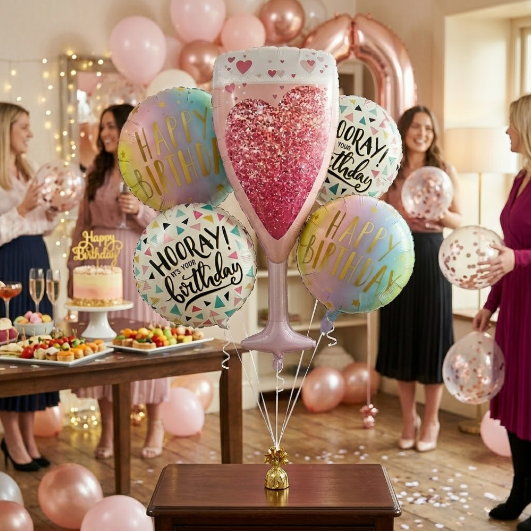 Pink Champagne Glass Happy Birthday Foil Balloon Set of 5 | Elegant Party Balloons | Birthday Celebration Decoration Kit
