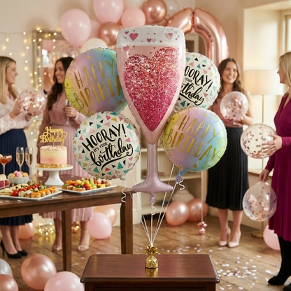 Pink Champagne Glass Happy Birthday Foil Balloon Set of 5 | Elegant Party Balloons | Birthday Celebration Decoration Kit