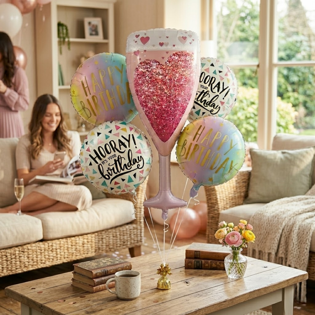 Pink Champagne Glass Happy Birthday Foil Balloon Set of 5 | Elegant Party Balloons | Birthday Celebration Decoration Kit
