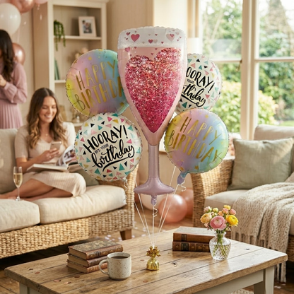 Pink Champagne Glass Happy Birthday Foil Balloon Set of 5 | Elegant Party Balloons | Birthday Celebration Decoration Kit