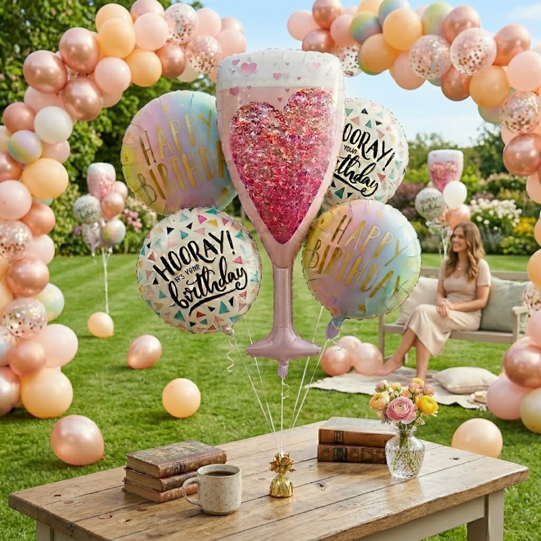 Pink Champagne Glass Happy Birthday Foil Balloon Set of 5 | Elegant Party Balloons | Birthday Celebration Decoration Kit
