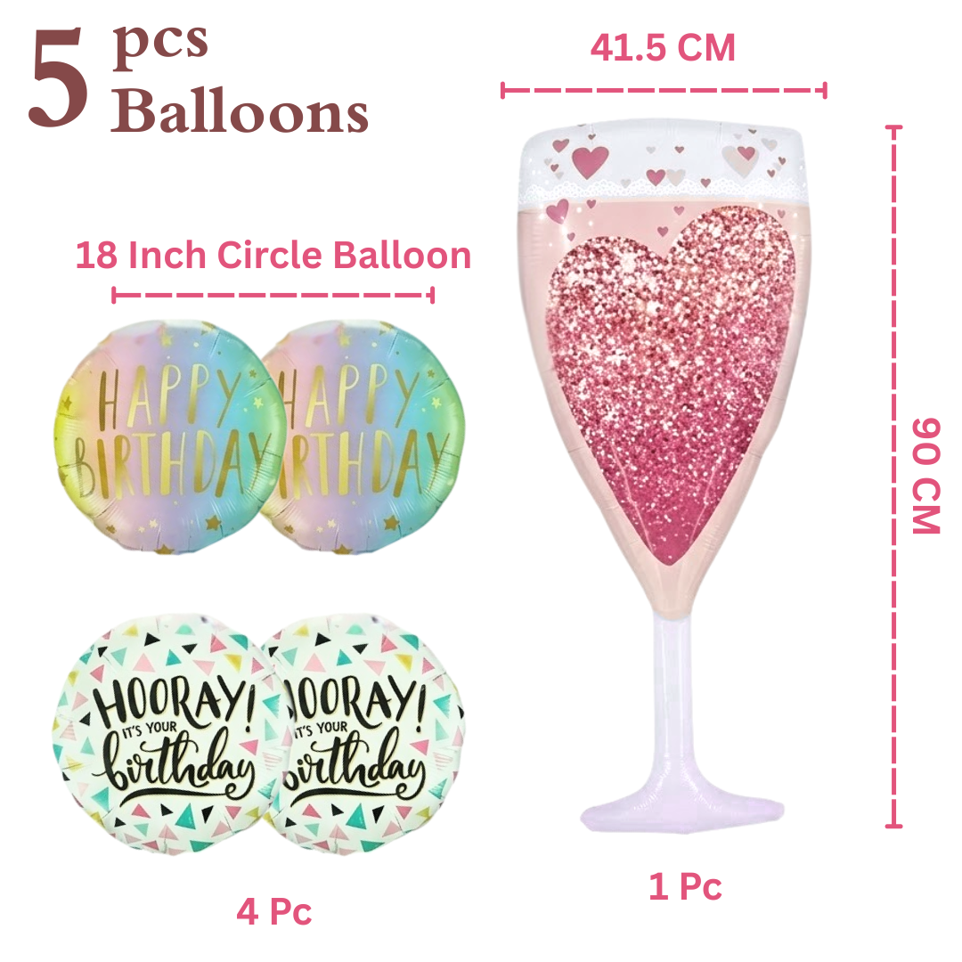 Pink Champagne Glass Happy Birthday Foil Balloon Set of 5 | Elegant Party Balloons | Birthday Celebration Decoration Kit