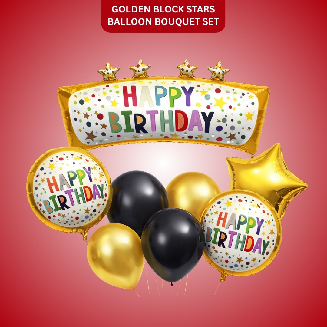 Happy Birthday Golden Block & Star Balloon Set of 8 | Black Gold Birthday Decoration Kit | Foil & Latex Balloons