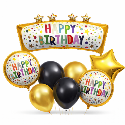 Happy Birthday Golden Block & Star Balloon Set of 8 | Black Gold Birthday Decoration Kit | Foil & Latex Balloons