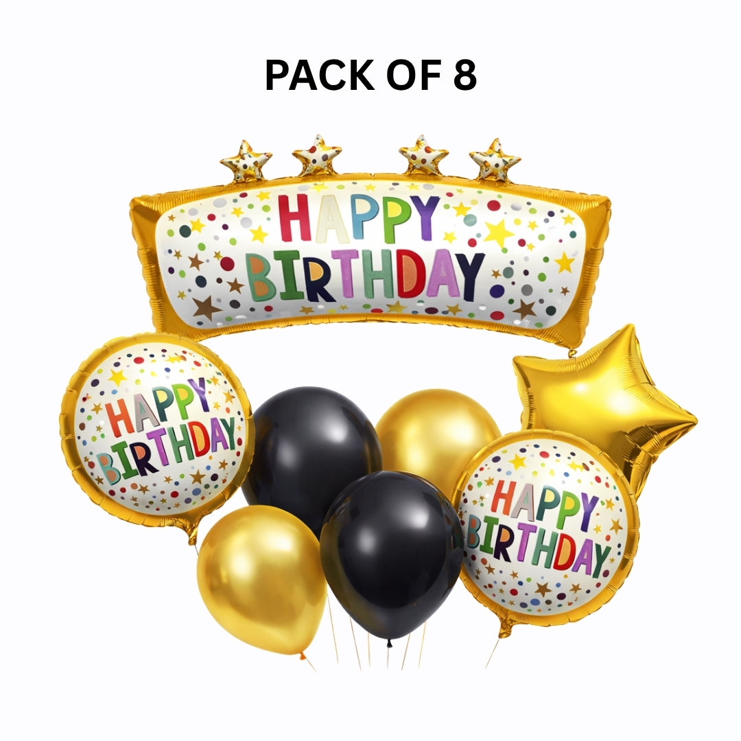 Happy Birthday Golden Block & Star Balloon Set of 8 | Black Gold Birthday Decoration Kit | Foil & Latex Balloons