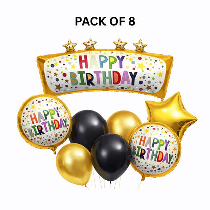 Happy Birthday Golden Block & Star Balloon Set of 8 | Black Gold Birthday Decoration Kit | Foil & Latex Balloons
