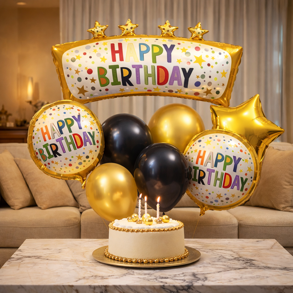 Happy Birthday Golden Block & Star Balloon Set of 8 | Black Gold Birthday Decoration Kit | Foil & Latex Balloons