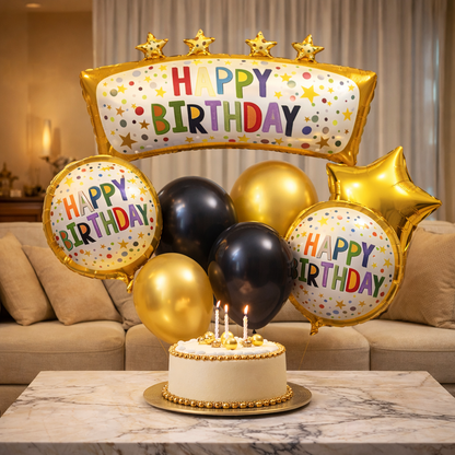 Happy Birthday Golden Block & Star Balloon Set of 8 | Black Gold Birthday Decoration Kit | Foil & Latex Balloons